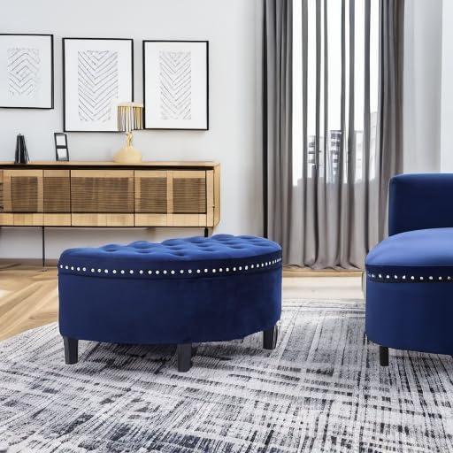 Navy Velvet Half Moon Tufted Cocktail Ottoman with Storage