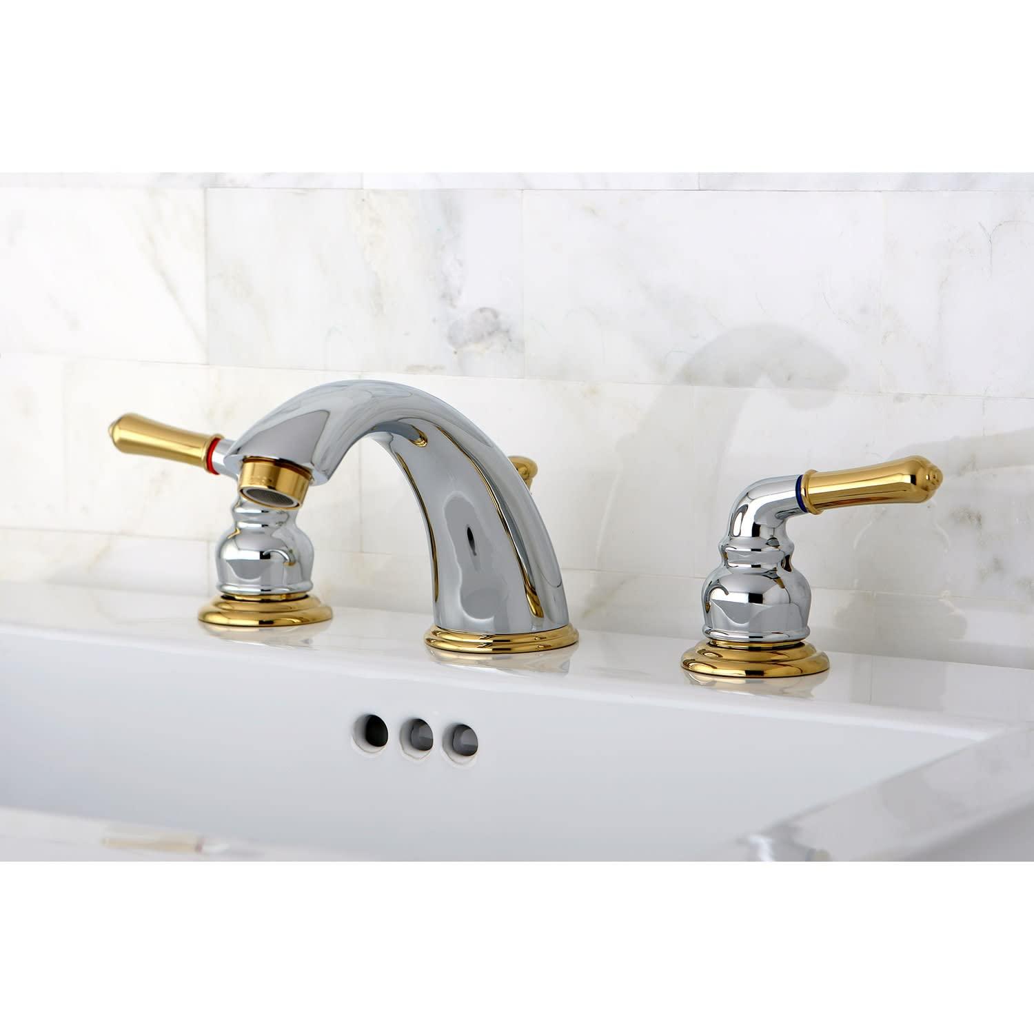 Kingston Brass KB968 Kingston Brass Magellan Two-Handle 3-Hole Deck Mount Widespread Bathroom Faucet with Retail Pop-Up Drain