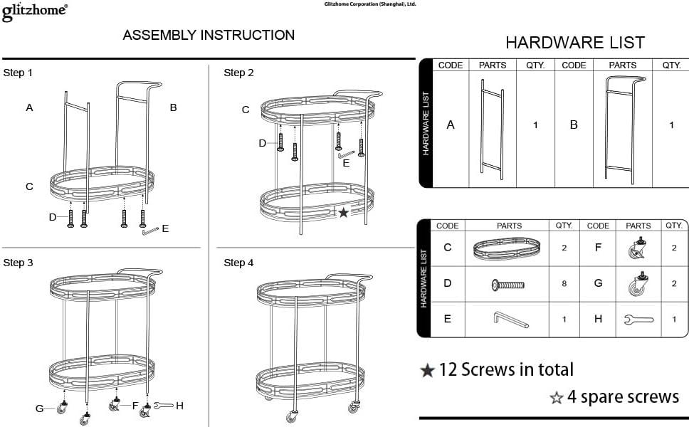 Glitzhome 29.5" H Round Gold Bar Cart with 4 Wheels 2-Tier Deluxe Tray Metal Mirrored Glass Top Rolling Serving Cart for Kitchen Living Room Hotel Wine/Tea Serving Cart