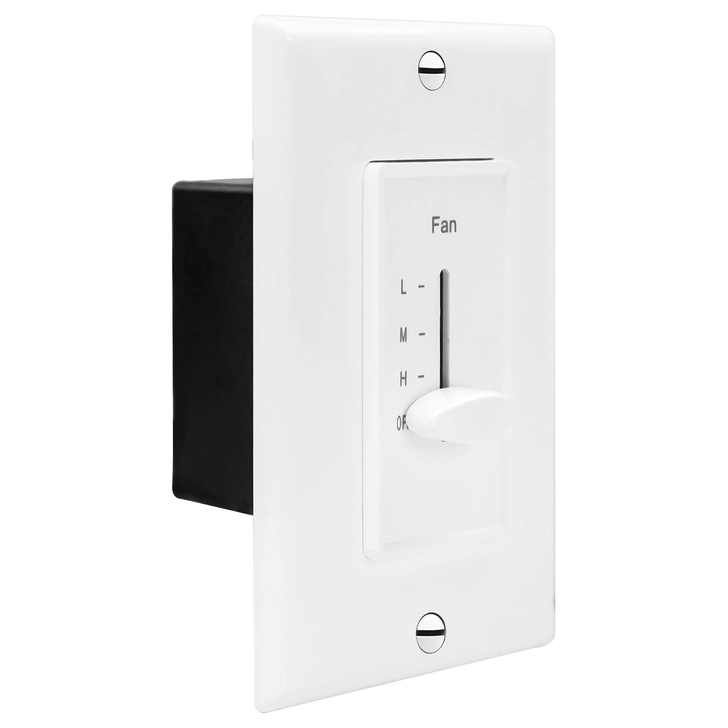 ENERLITES 3 Speed in Wall Ceiling Fan Control, Slide Switch, 120VAC, 2.5A, Single-Pole, Neutral Wire NOT Required, 17000-F3-W2P, White, 2 Pack