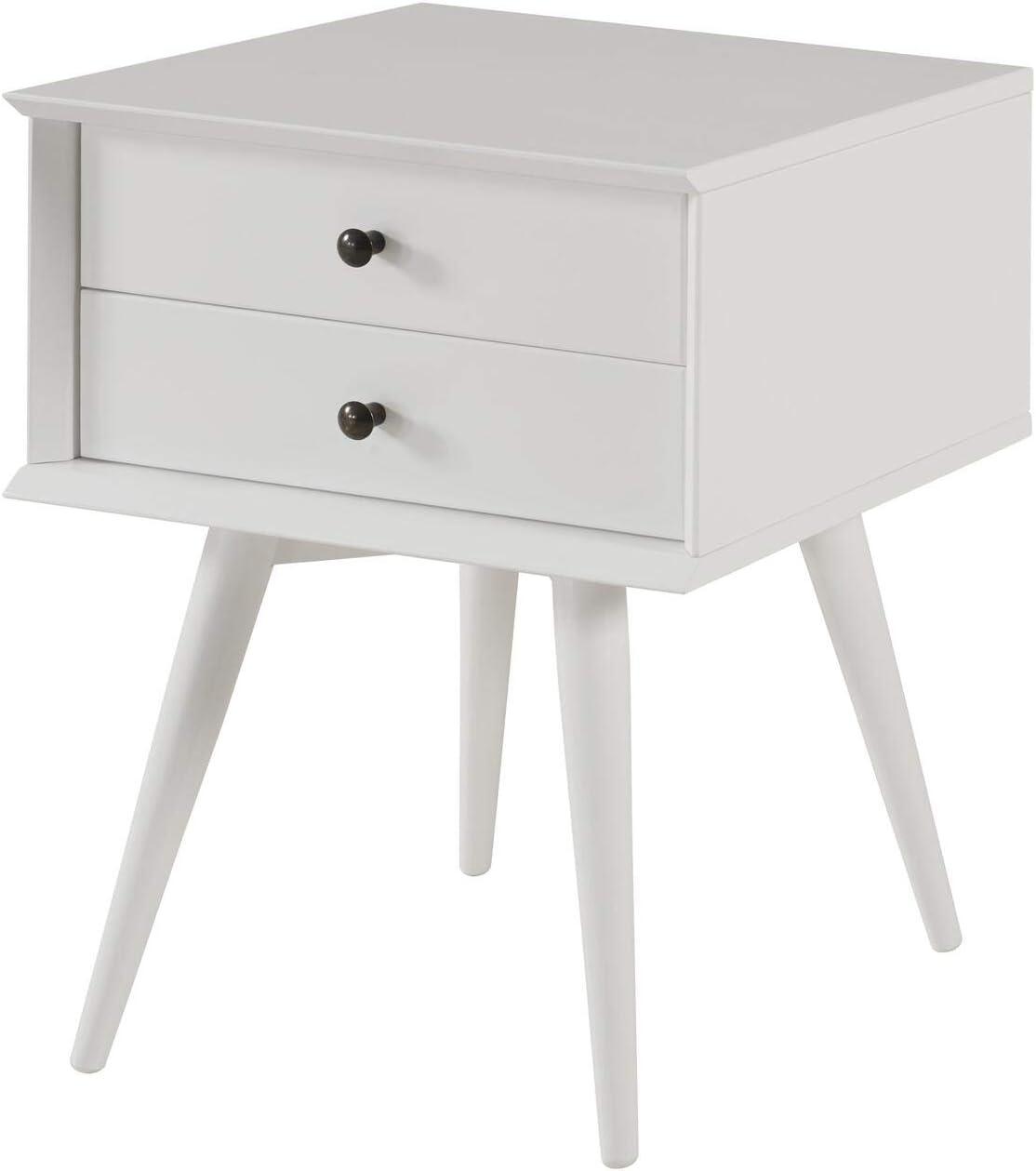 Mid-Century Modern 2-Drawer White Solid Wood Nightstand