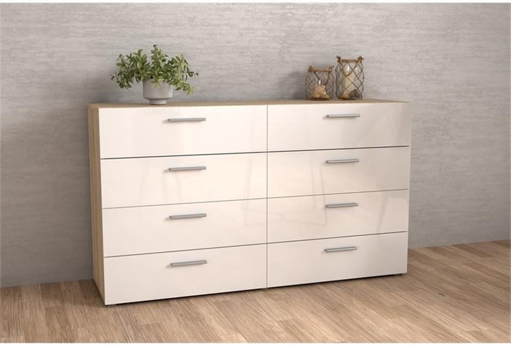 Tvilum Loft 8 Drawer Double Dresser for Adults, Oak Structure and White High Gloss