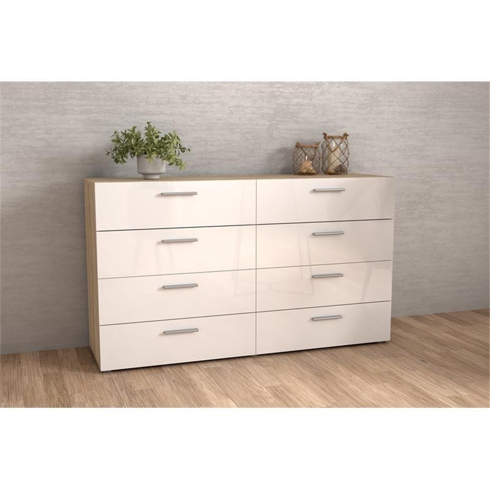 Tvilum Loft 8 Drawer Double Dresser for Adults, Oak Structure and White High Gloss