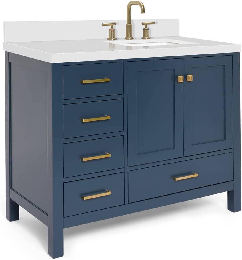 ARIEL Cambridge 43 Inch Midnight Blue Bathroom Vanity with Single Sink, Solid Wood, White Quartz Countertop, 1.5-Inch Edge, Right Rectangular Undermount Sink, 2 Soft Closing Doors, 5 Drawers