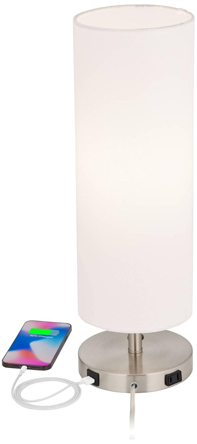 20" Brushed Nickel Table Lamp with White Fabric Shade and USB Port