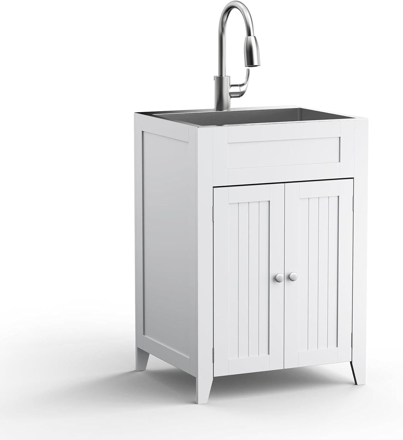 24-Inch White Freestanding Laundry Sink with Stainless Steel Faucet