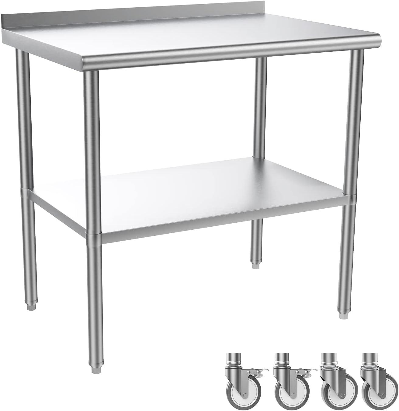 ROVSUN 36'' x 24'' Stainless Steel Table with Backsplash, Pre Work Table Metal Table for Kitchen Restaurant Home