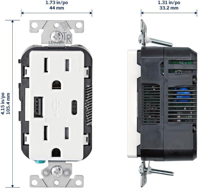 Leviton T5633-B Decora USB Type-A/Type-C Wall Outlet Charger, 15A, Brown
