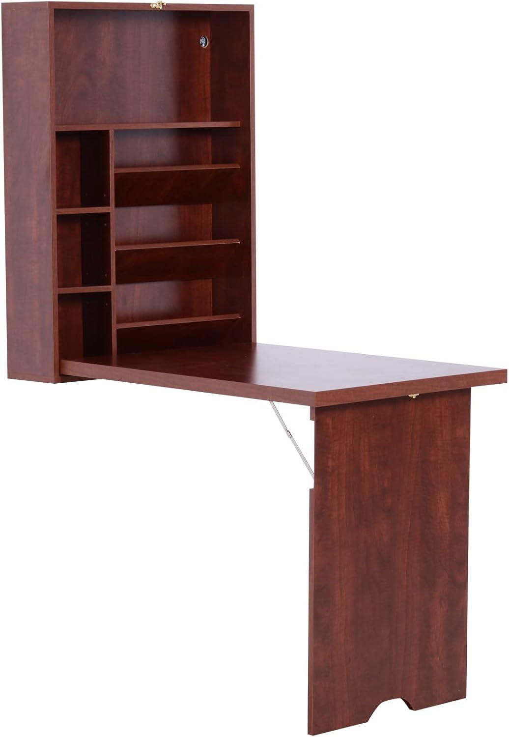 Compact Mahogany Wall-Mounted Convertible Desk with Storage