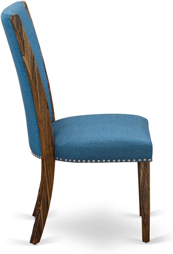 Verona Distressed Jacobean Wood Frame Dining Chair with Blue Linen Fabric Seat with Nail Head & Stylish Back - Set of 2