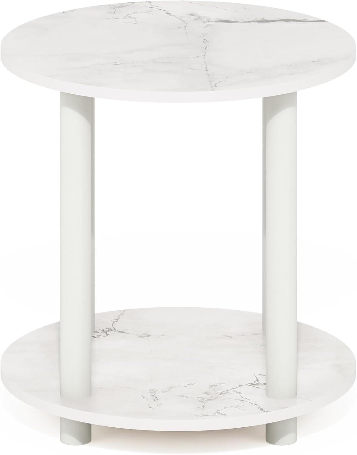 Furinno Turn-N-Tube 2-Tier Round Wooden End Table, Marble White