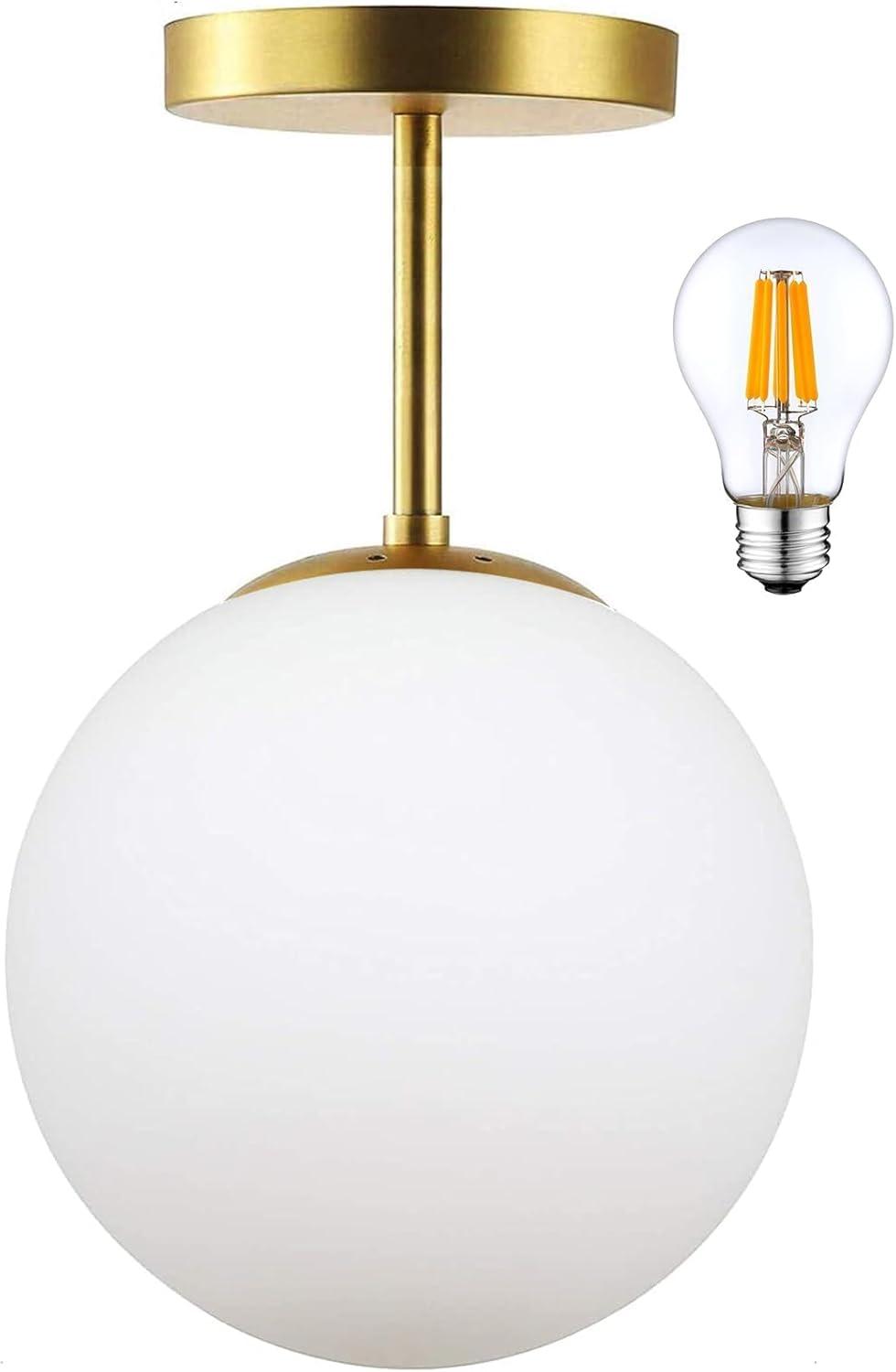 Mid Century Modern Globe Semi Flush Mount Ceiling Light Fixture Frosted Glass with Gold Brass Finish,1-Light Sphere Glass Pendant Lights for Aisle Porch Stairway Closet Kitchen Laundry Room(Bulb Incl)