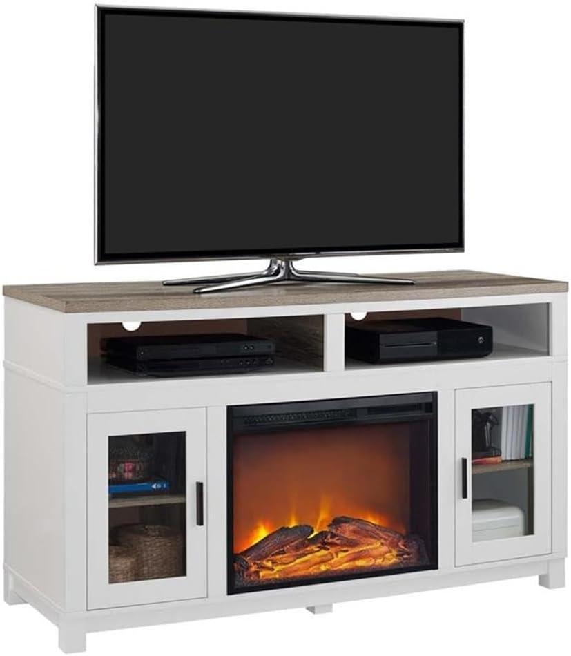 White MDF Electric Fireplace TV Stand with Glass Cabinets