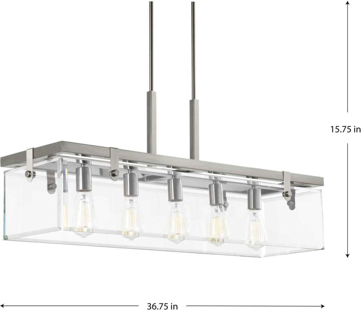 Progress Lighting Glayse 5-Light Linear Chandelier, Brushed Nickel, Beveled Glass Shade