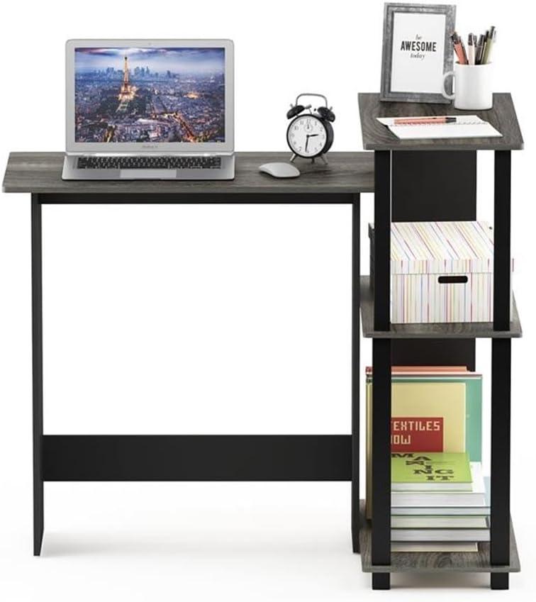 16086R1GYW-BK Abbott Corner Computer Desk with Bookshelf - French Oak Grey & Black