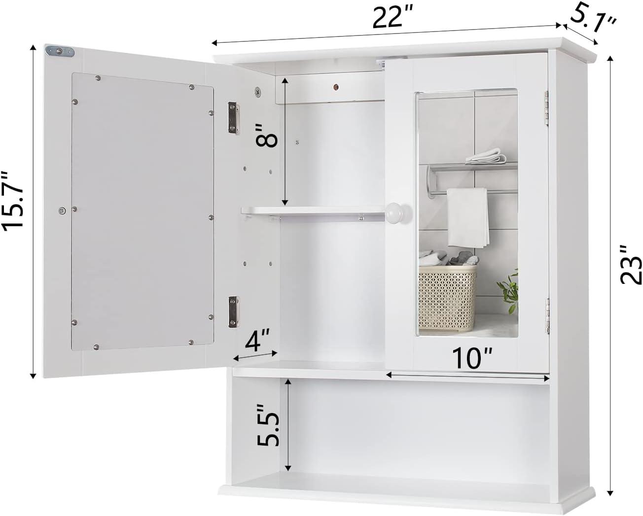Medicine Cabinet, Medicine Cabinets For Bathroom With Mirror 2 Doors 3 Open Shelf, Bathroom Cabinet Wall Mounted Wooden Storage Over Toilet Laundry Room Kitchen