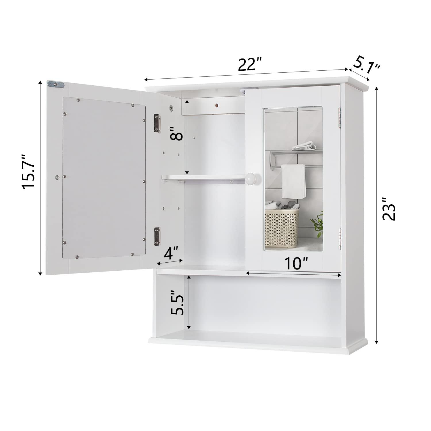 Medicine Cabinet, Medicine Cabinets For Bathroom With Mirror 2 Doors 3 Open Shelf, Bathroom Cabinet Wall Mounted Wooden Storage Over Toilet Laundry Room Kitchen