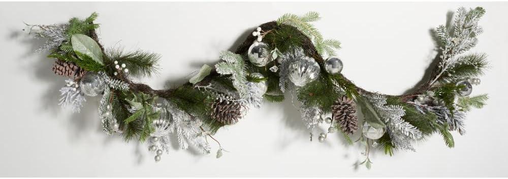 Faux 28" Snowy Pine Led Garland W/ Ornaments - Silver/Green - Safavieh