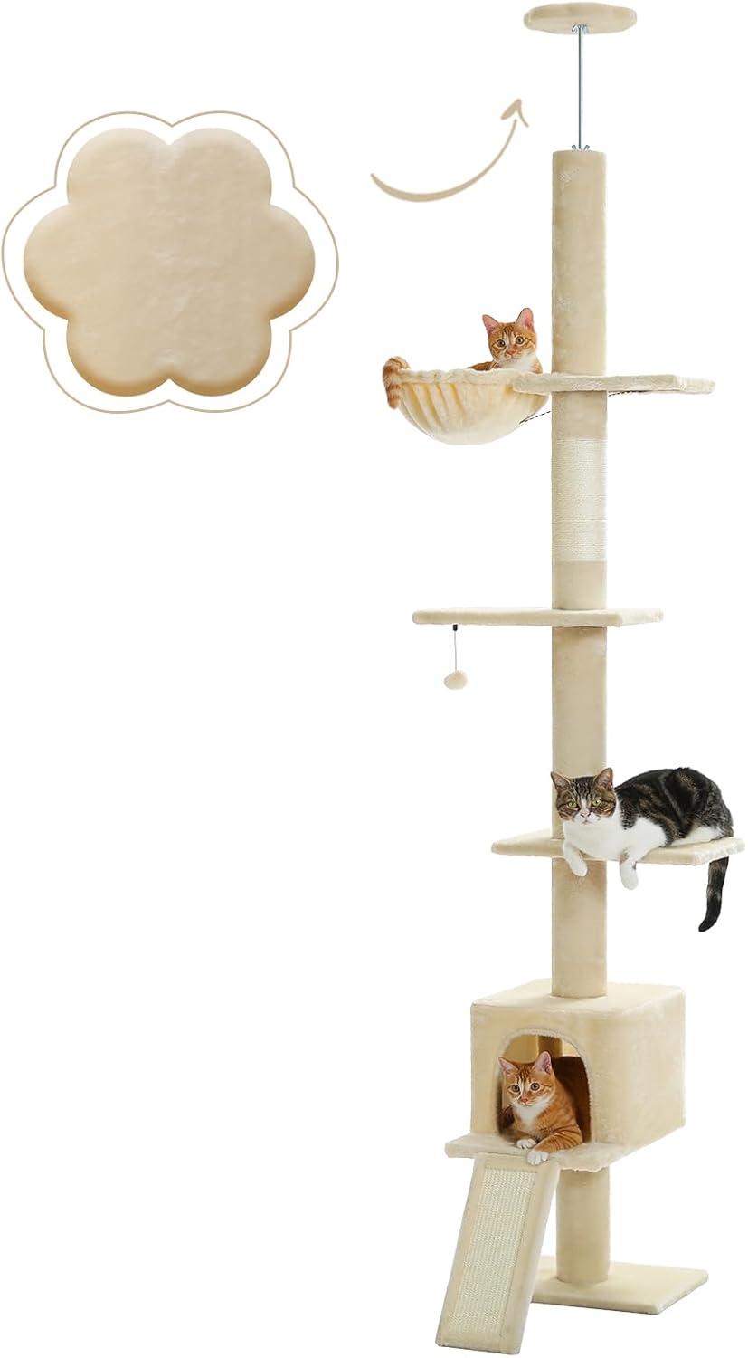 Adjustable Height Floor To Ceiling 5-Tier Tall Cat Tree Tower For Indoor Cats With Cat Condo, Cat Scratching Post And Cat Ladder