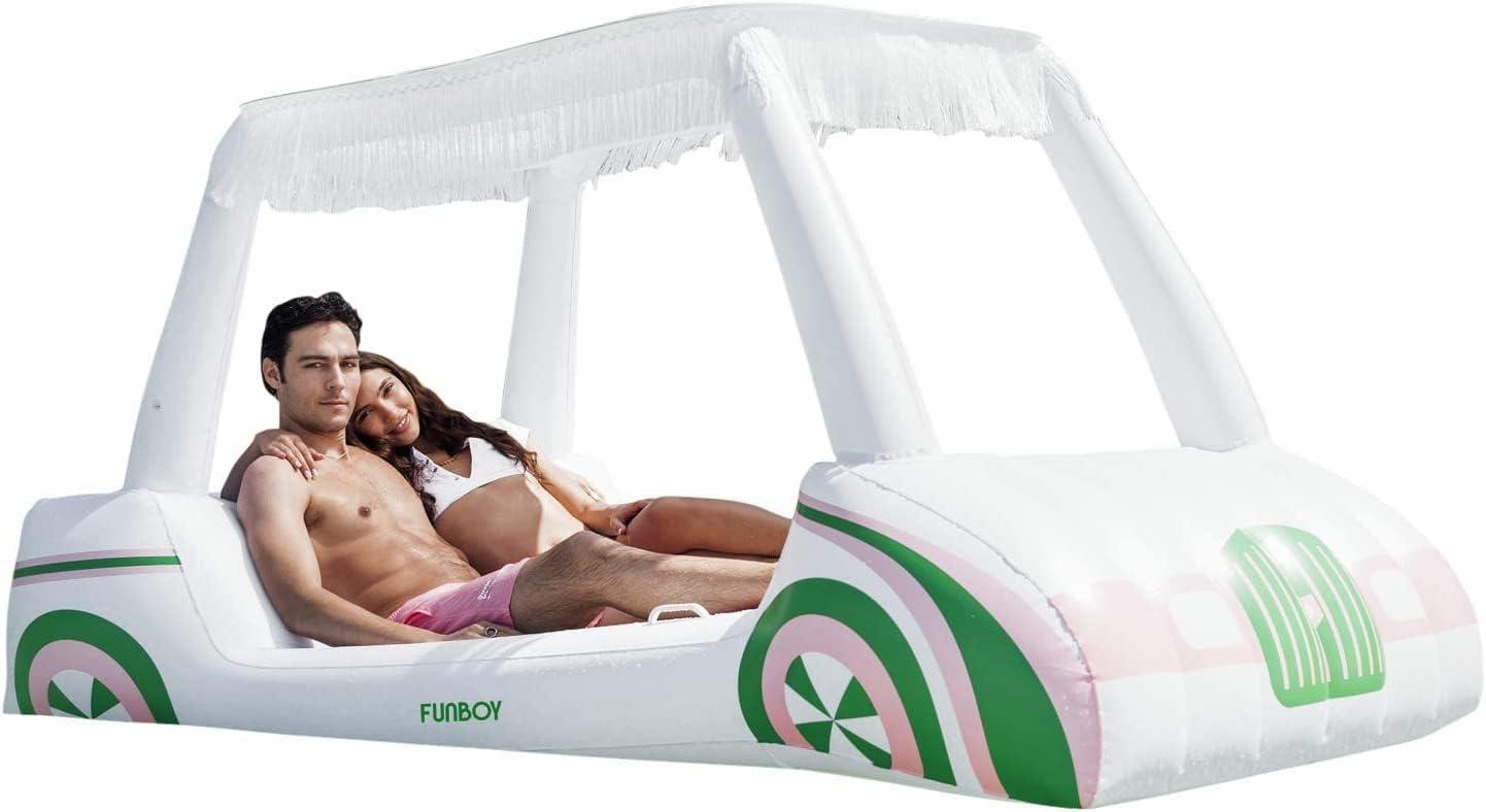 Oversized White and Green Inflatable Golf Cart Pool Lounger