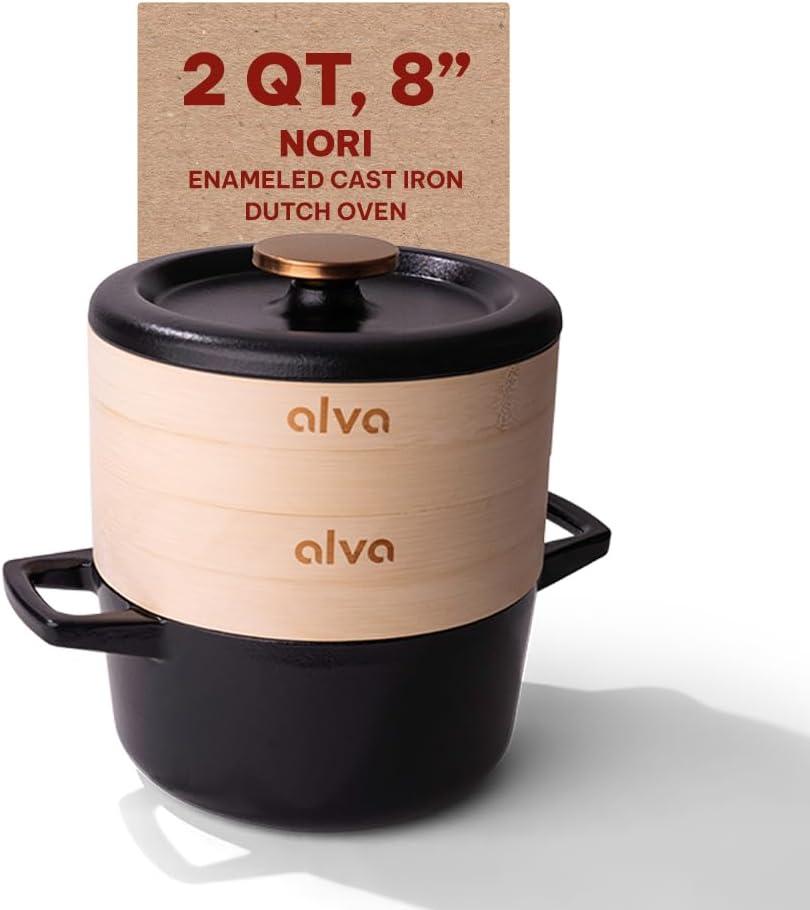 Alva 2 Qt Black Enameled Cast Iron Dutch Oven with Bamboo Inserts