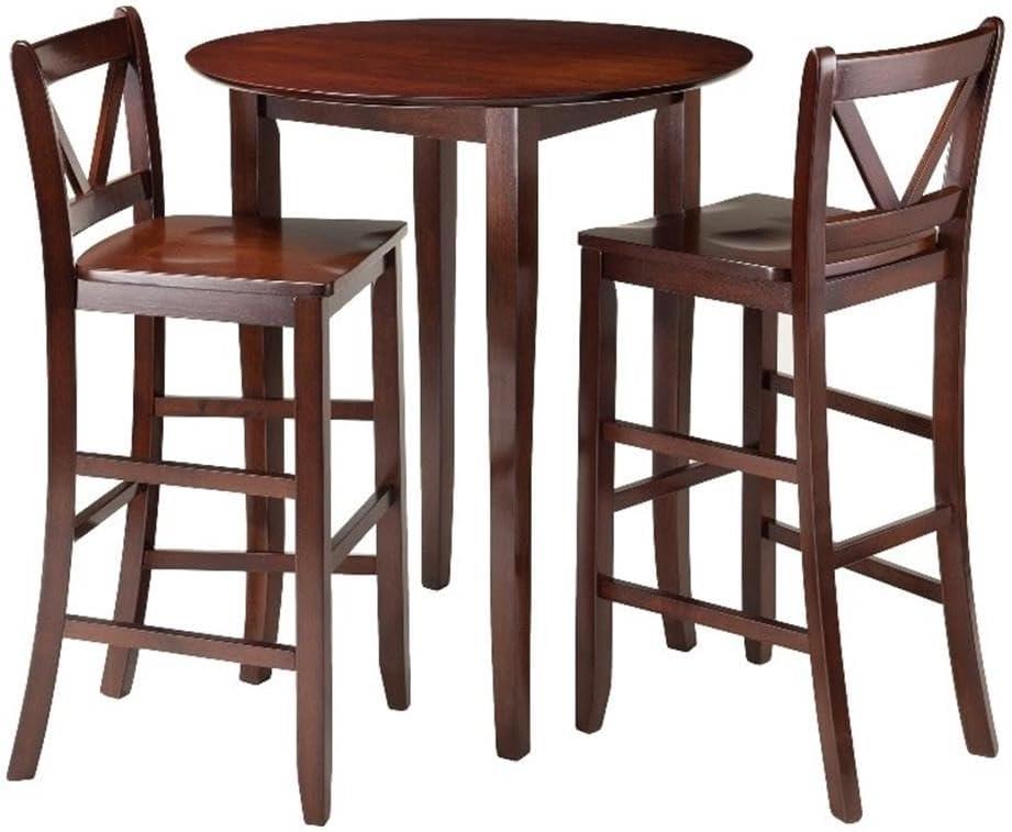 38.9 x 33.86 x 33.86 in. Fiona High Round Table with 2 Bar V-Back Stool, Walnut - 3 Piece