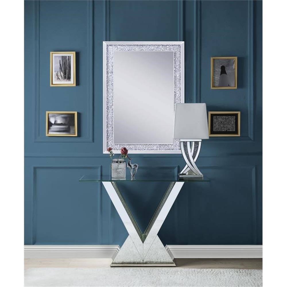 Zoomie Kids Buren Glam 47"L Console Table with V-Shape Base in Mirrored & Faux Diamonds