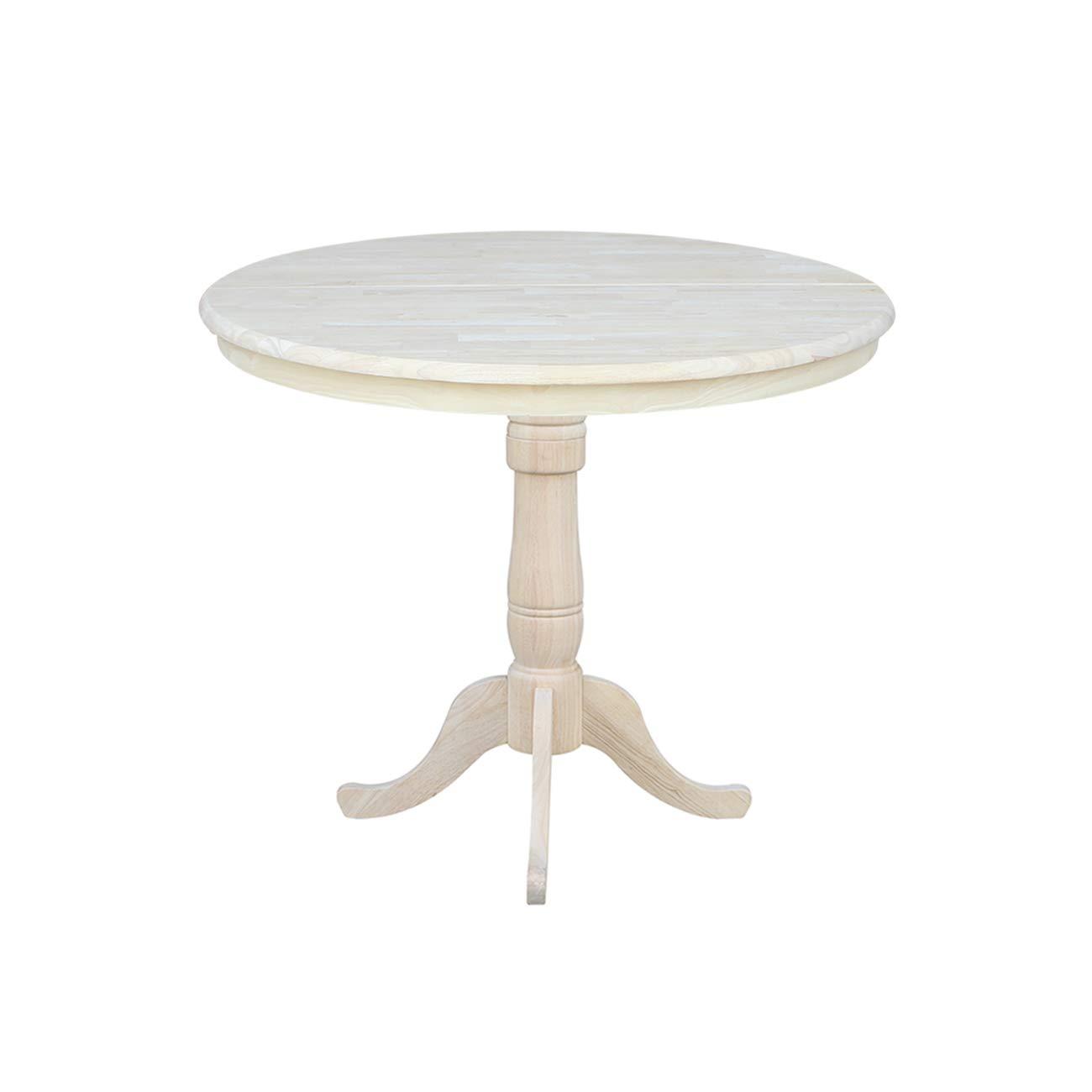36" Round Top Pedestal Extendable Dining Table with 12" Drop Leaf Unfinished - International Concepts