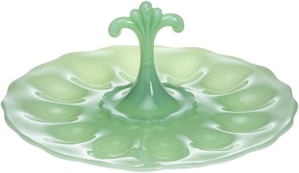 Jade Green Glass Round Egg Plate with Handle