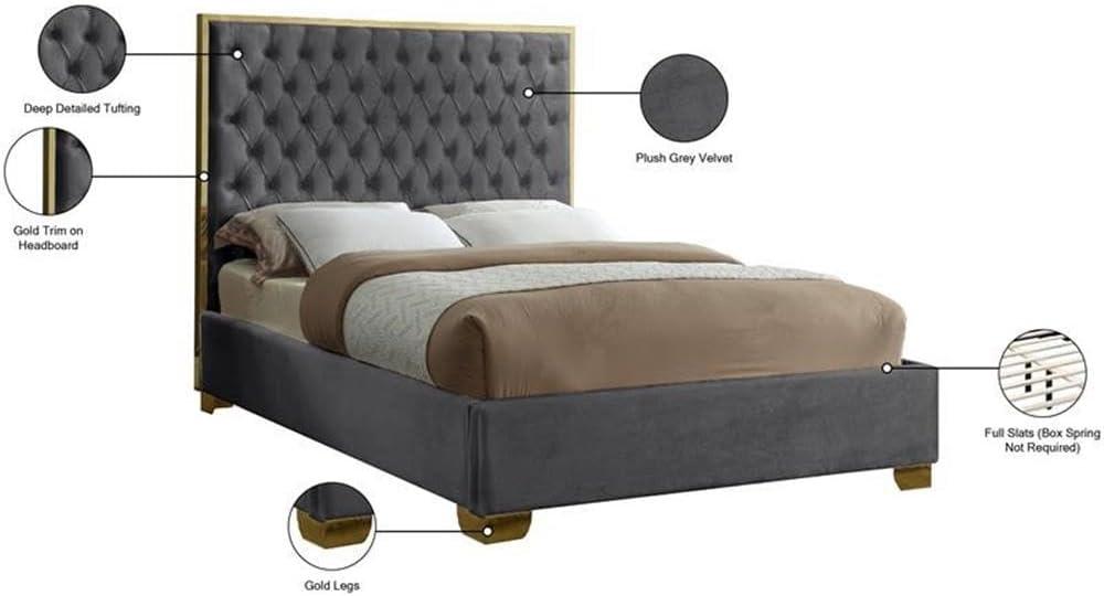 Meridian Furniture Lana Solid Wood and Velvet Queen Bed in Gray