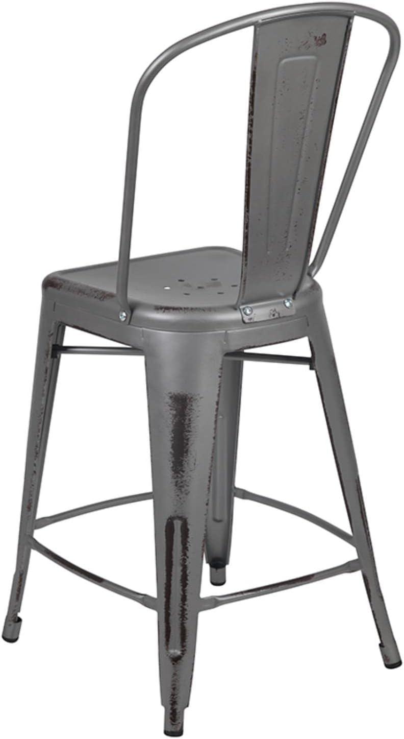 Flash Furniture Commercial Grade 24" High Distressed Silver Gray Metal Indoor-Outdoor Counter Height Stool with Back
