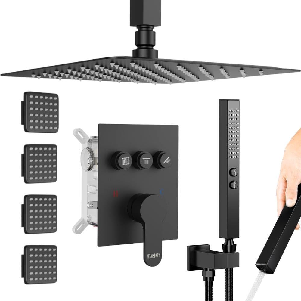 Revitalize 3-Function 12 Inch Wall Mount Rainfall Thermostatic Shower System with 6 Body Jets