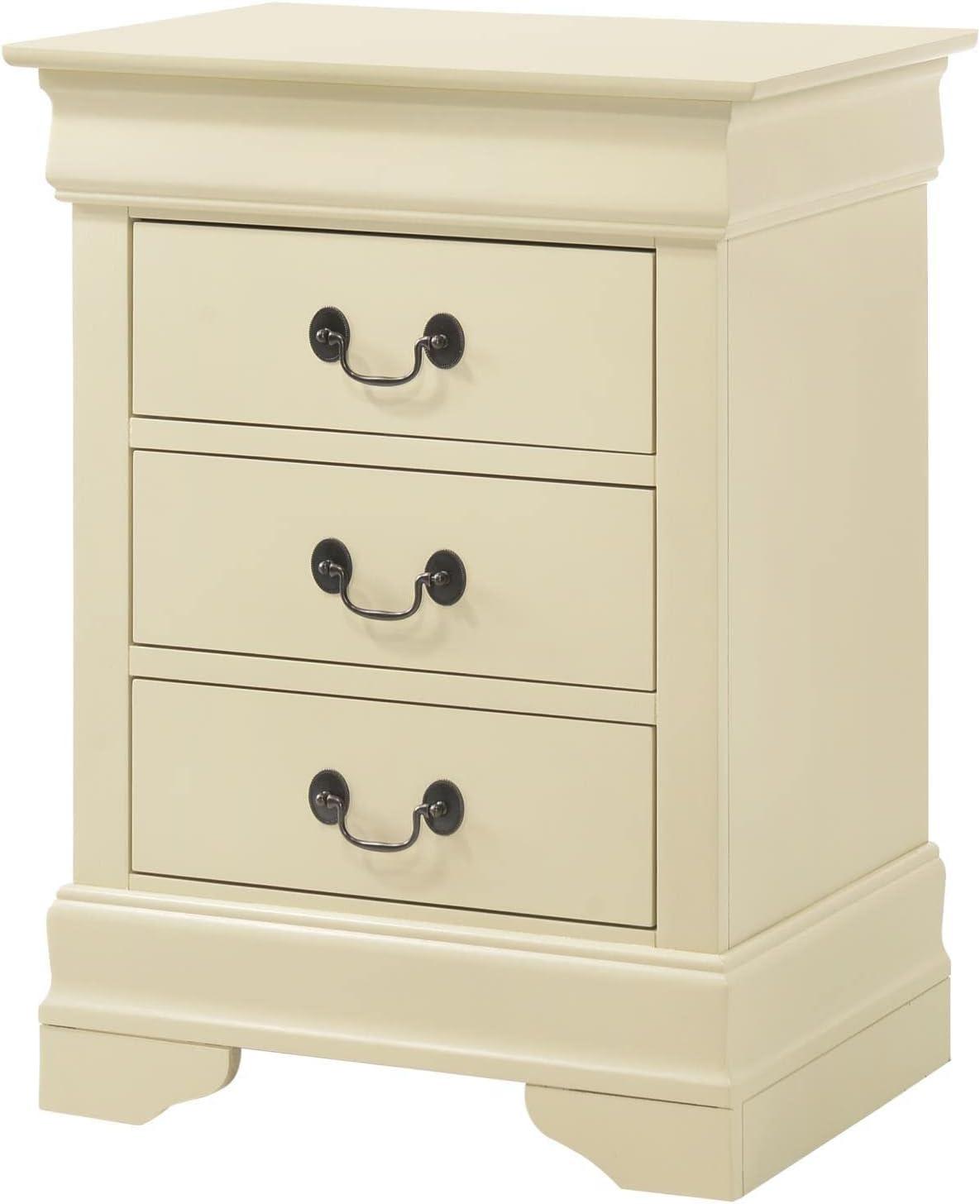 Beige 3-Drawer Solid Wood Nightstand with Veneer Finish