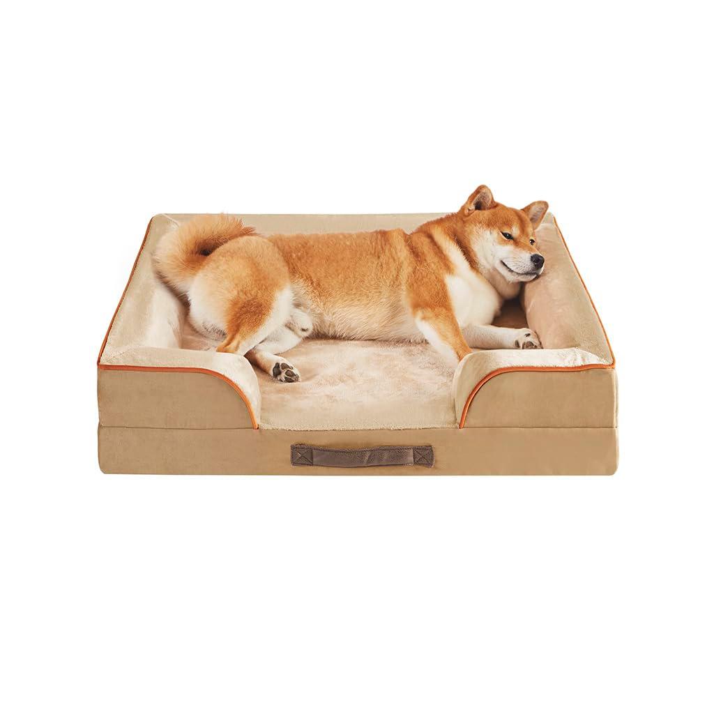 Medium Khaki Orthopedic Waterproof Dog Bed with Bolster