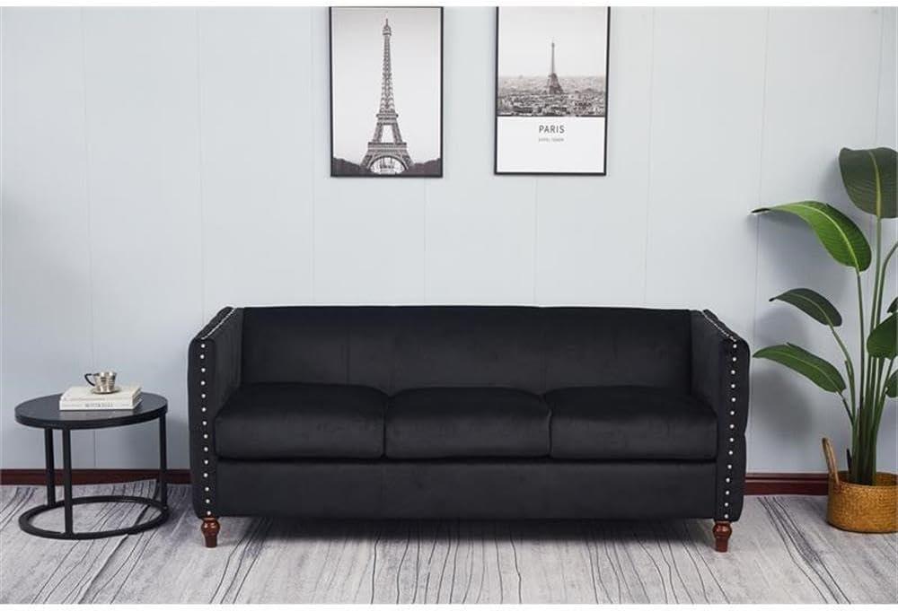 Avin Black Velvet Tufted Sofa with Nailhead Trim