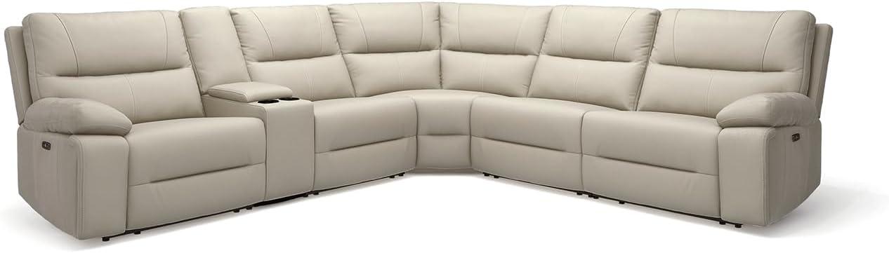 Jennifer Taylor Home Malibu 130" Modern Power Motion 6-Piece Reclining Corner Sectional with Cup Holders, Cream Taupe Beige Top Grain Leather