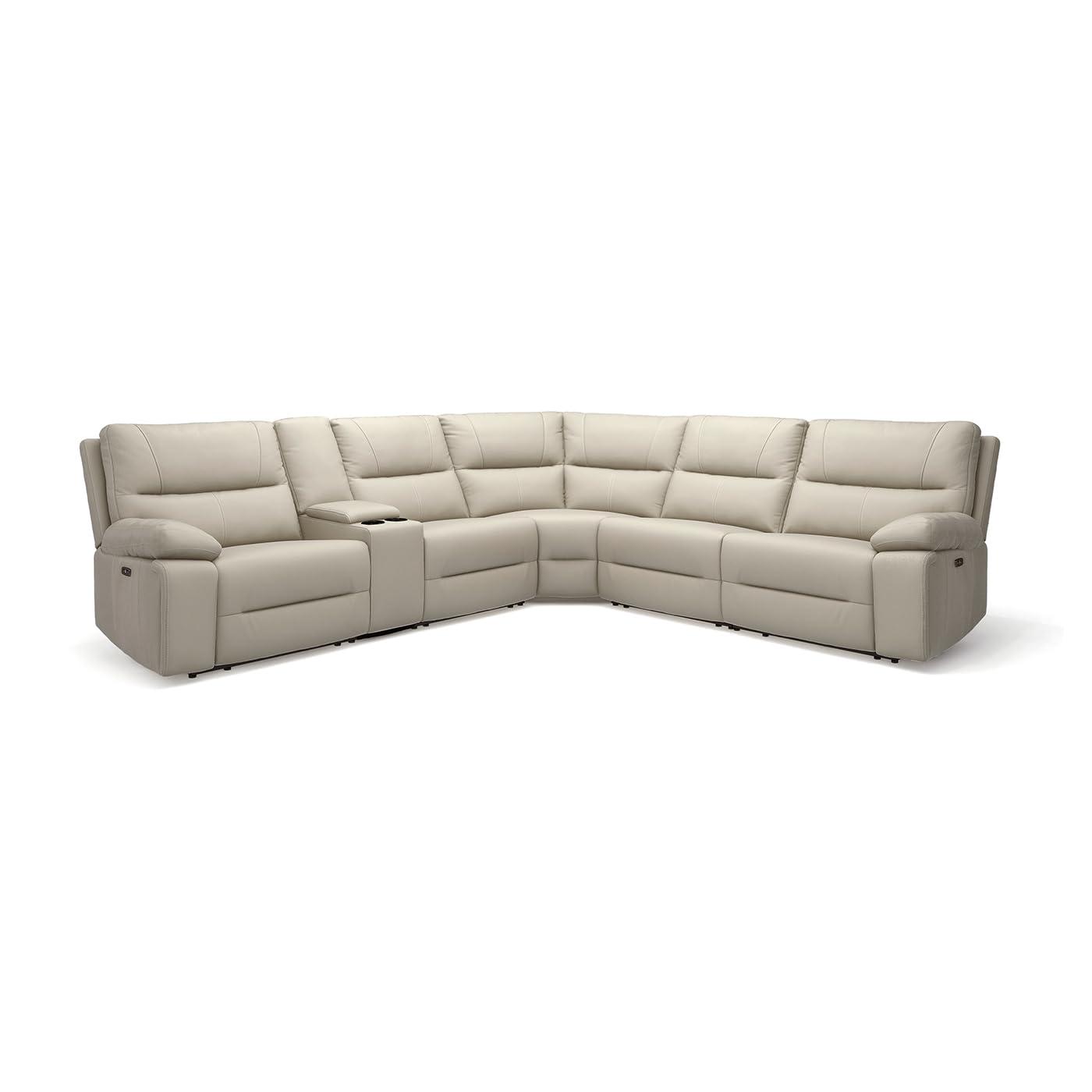 Jennifer Taylor Home Malibu 130" Modern Power Motion 6-Piece Reclining Corner Sectional with Cup Holders, Cream Taupe Beige Top Grain Leather
