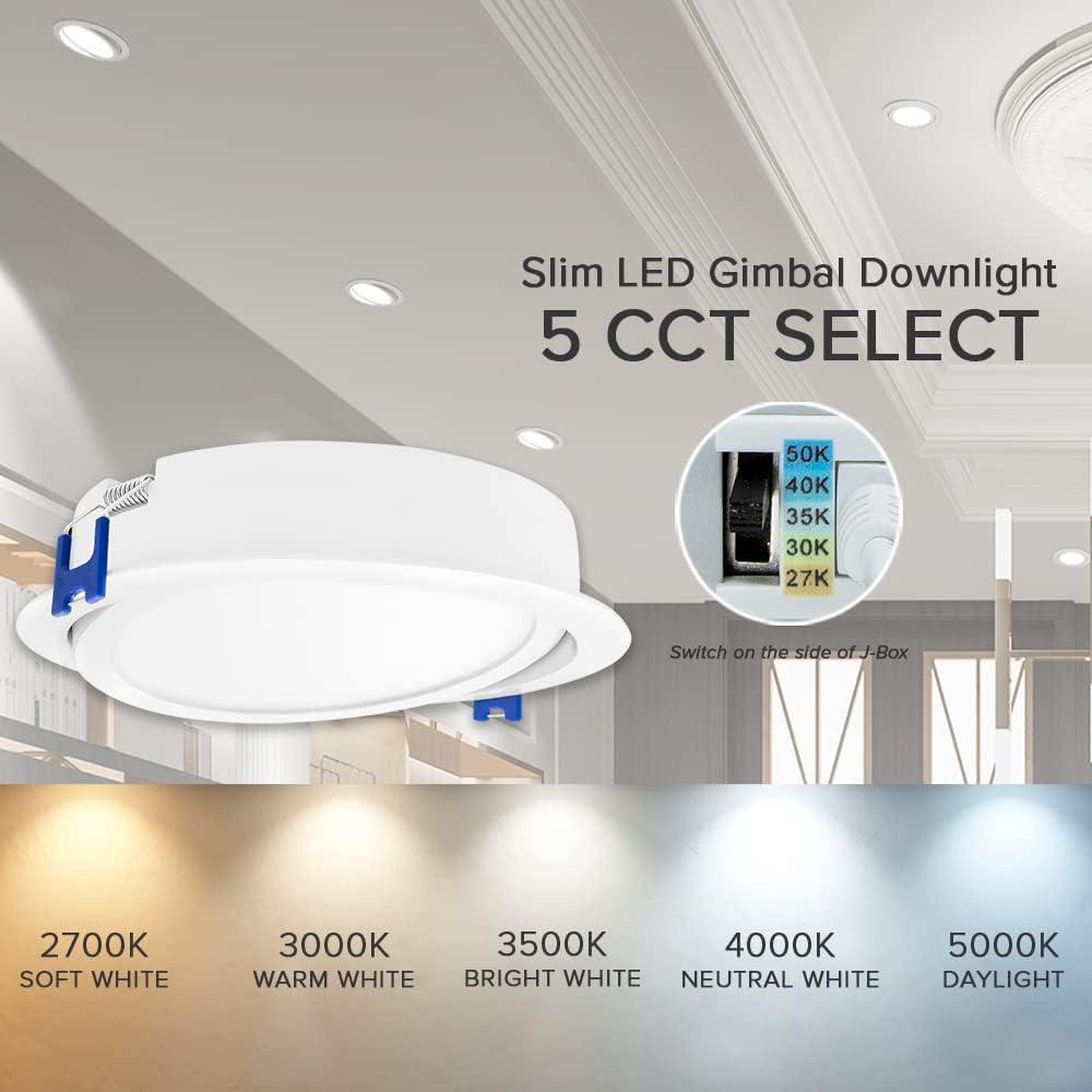 Maxxima 6 in. 5 CCT Ultra-Thin Recessed LED Gimbal Downlight - 1,000 Lumens, Color Selectable 2700K-5000K (2700K/3000K/3500K/4000K/5000K), Dimmable, Canless, Slim IC Rated, Junction Box Included