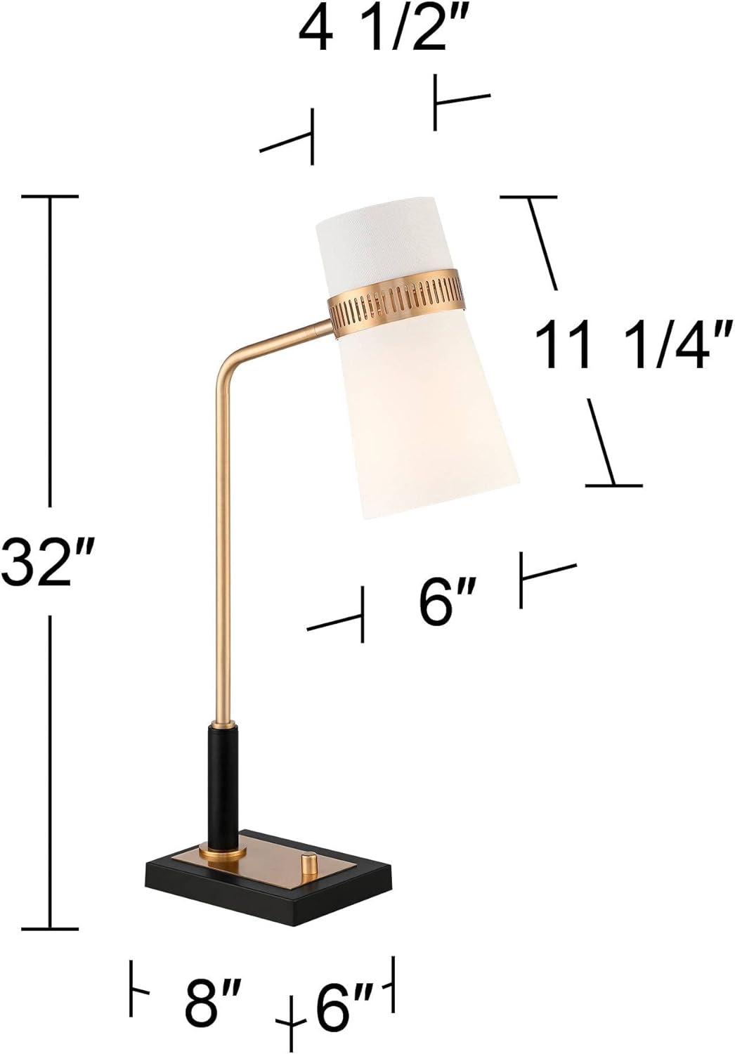 Possini Euro Design Cartwright Modern Mid Century Desk Lamp 32" Tall Antique Brass Black with USB Charging Port Linen Shade for Bedroom Living Room