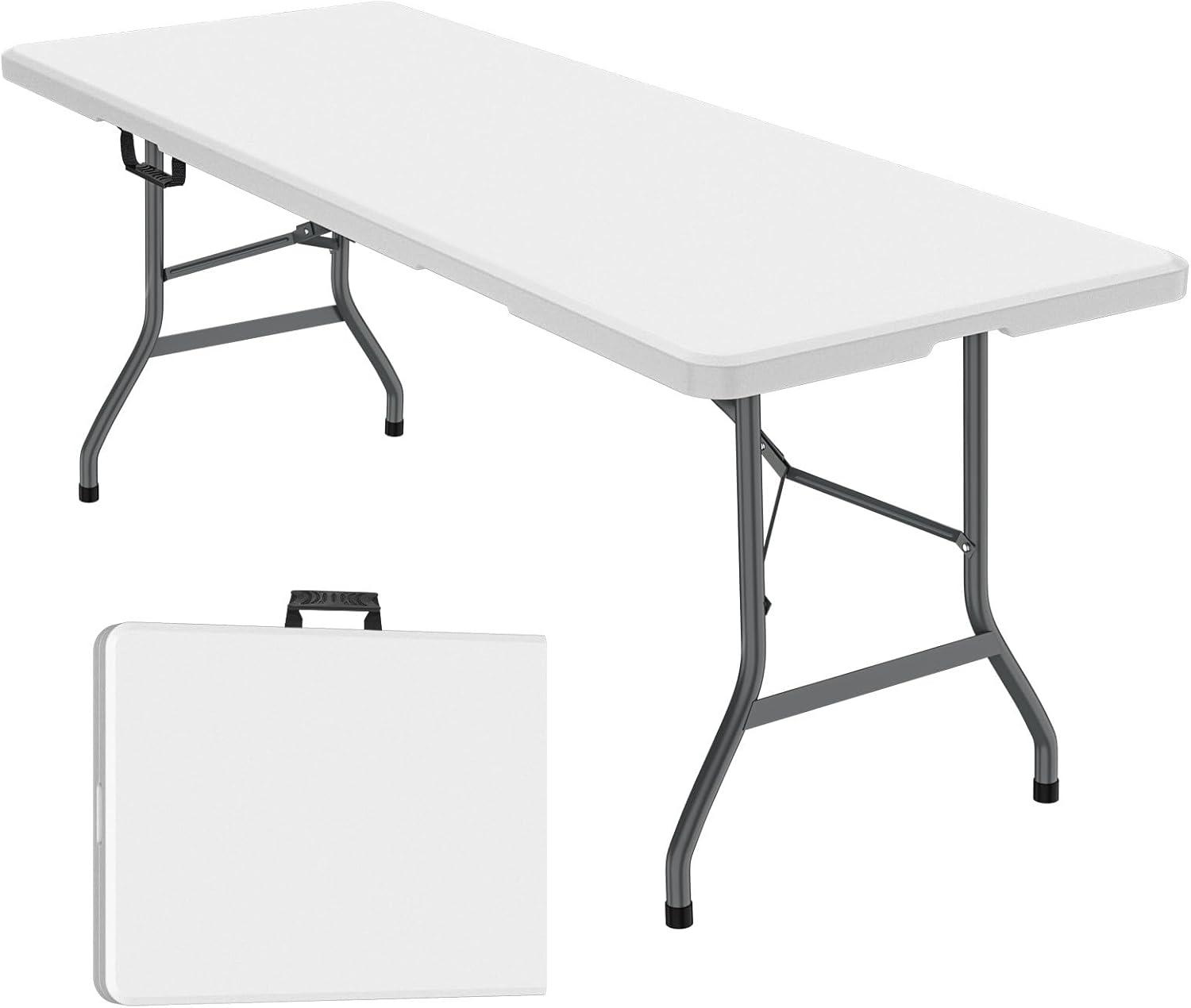 6-Foot White HDPE Folding Table with Metal Frame and Handle