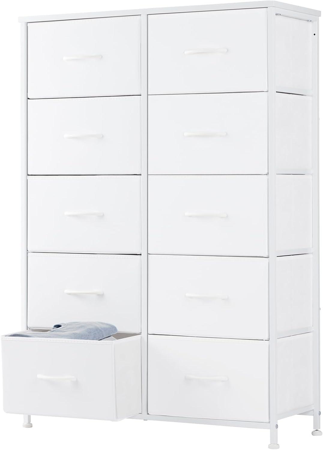 White 10-Drawer Tall Dresser with Steel Frame and Wood Top