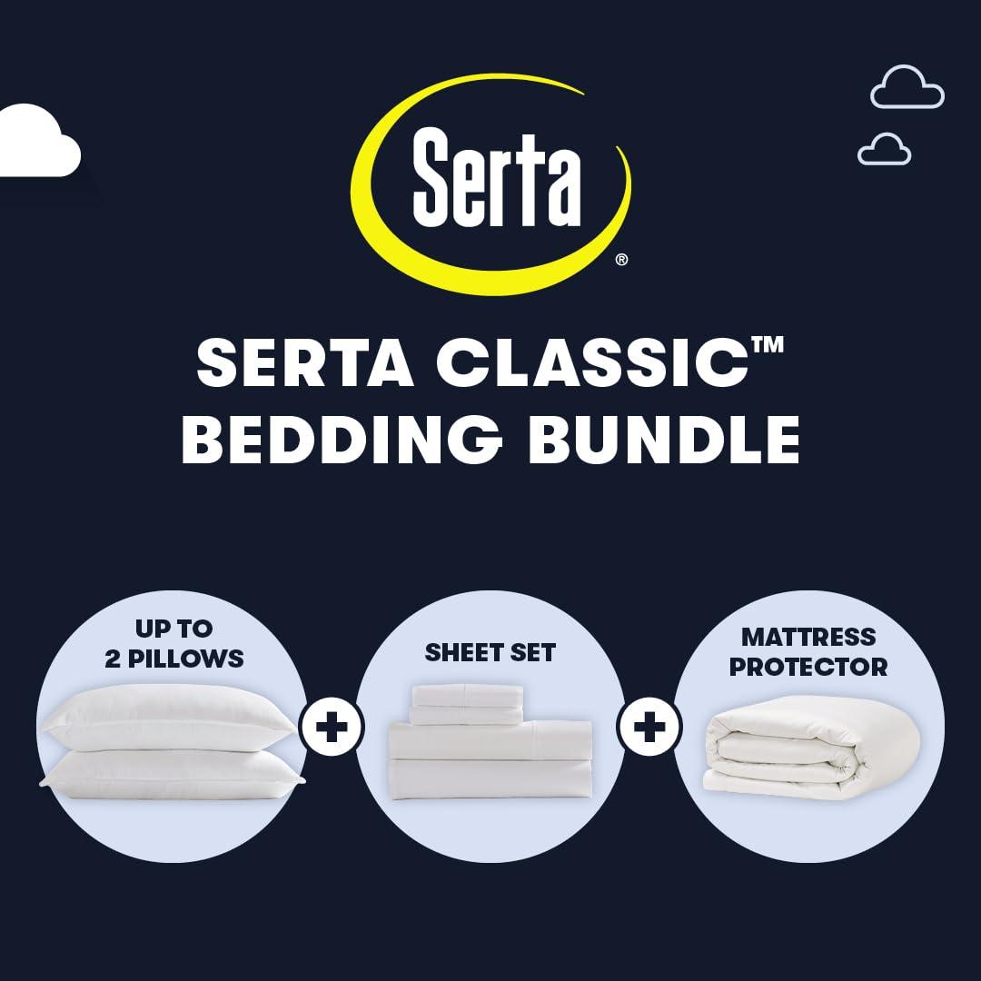 Serta Classic Bedding Bundle - Contains a Twin Size Mattress Protector and Sheet Set Along with One Standard Pillow - CertiPUR-US Certified White