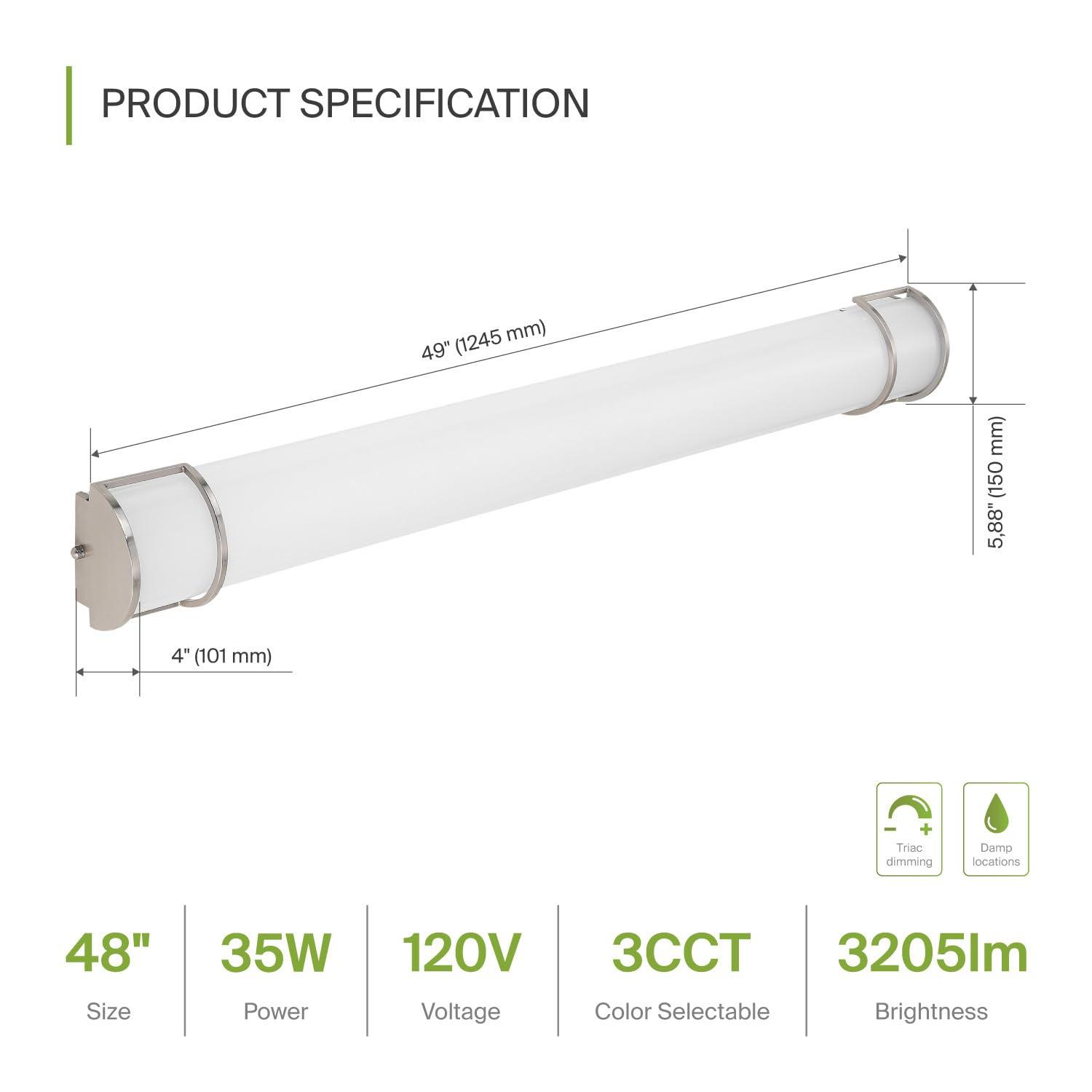 ASD LED 48 Inch Wall Mount Vanity Lighting Fixture | 35W 3200LM 3000K-5000K 120V | 3CCT, Dimmable, Energy Star, ETL Listed | Bathroom Linear Light Bar, Long Tube Bath Sconce | Nickel