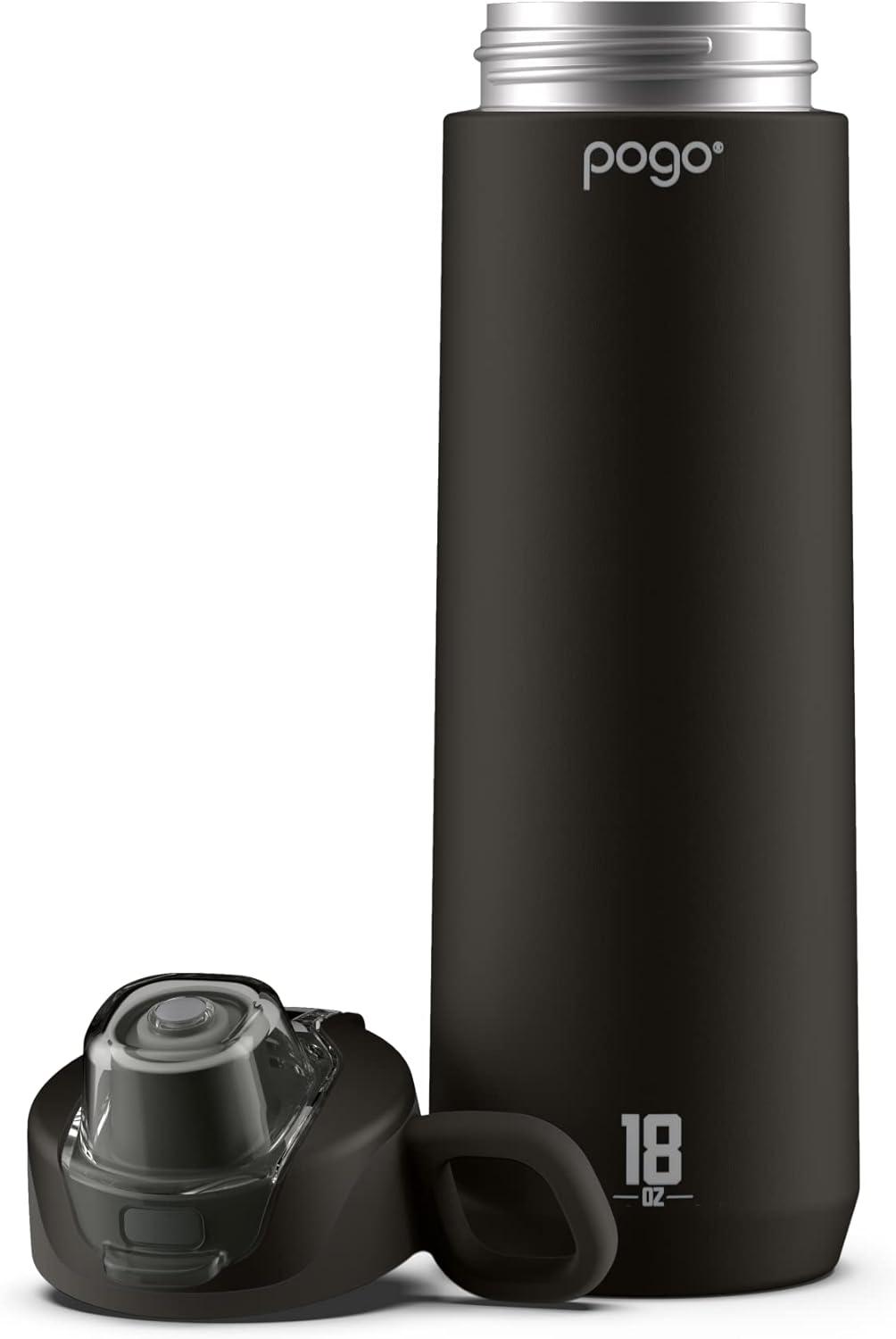 Pogo Active Vacuum Insulated Stainless Steel Water Bottle with Leak Proof Chug Lid and Silicone Carry Loop, Powdercoat, Black, 18 oz