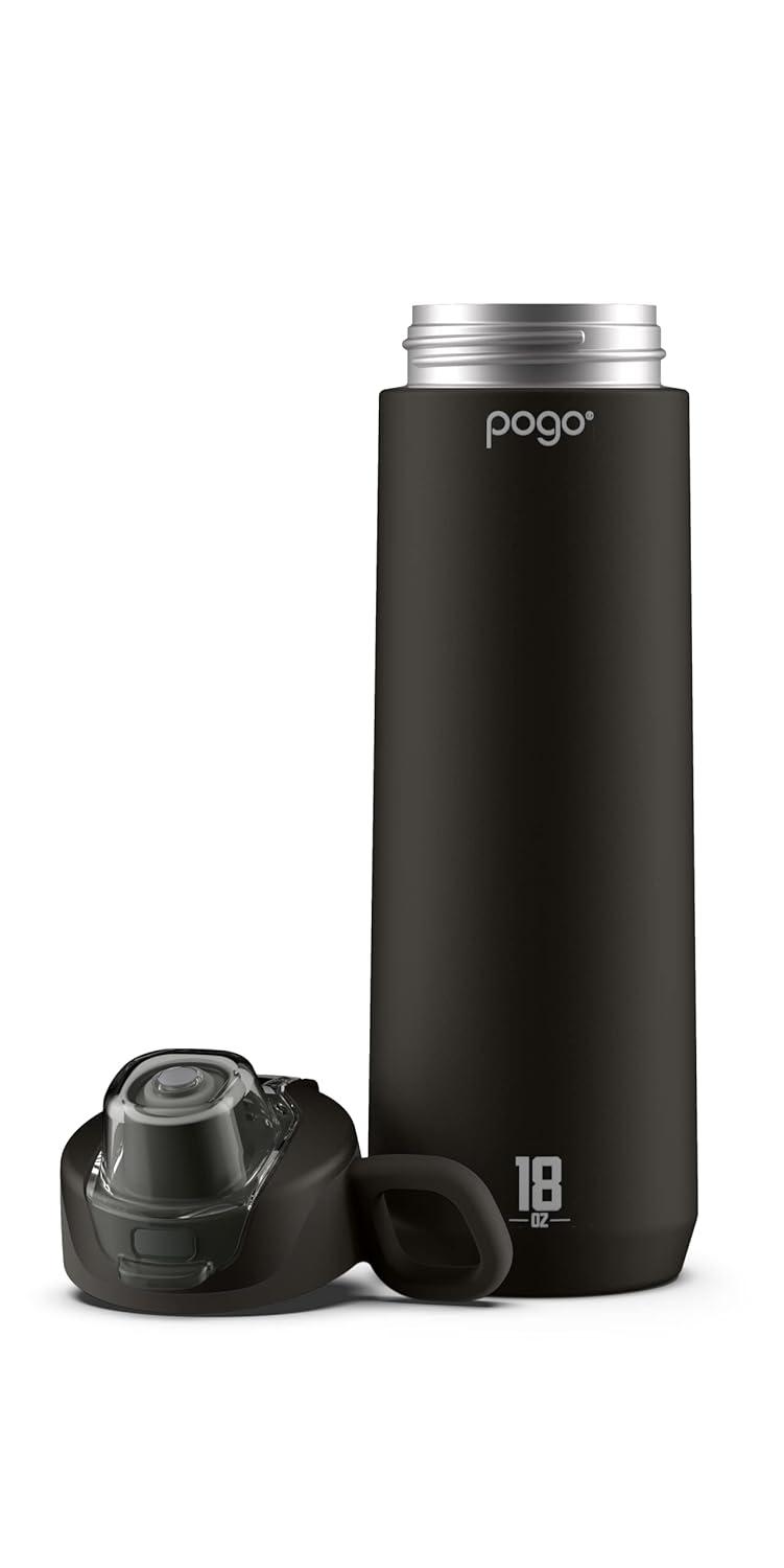 Pogo Active Vacuum Insulated Stainless Steel Water Bottle with Leak Proof Chug Lid and Silicone Carry Loop, Powdercoat, Black, 18 oz