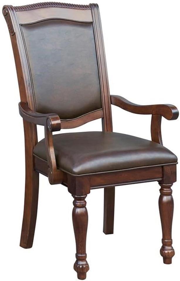 Brown Faux Leather Upholstered Wood Dining Arm Chair Set