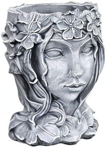 Winston Porter Head Planter Face Flower Pot Goddess Statue Planter Decorative Girl Portrait Planter Indoor Outdoor Girl Face Flower Vase Container Planter (Gray)