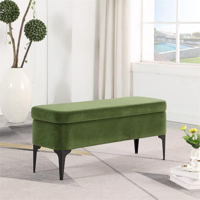 Modern Glamorous Green Velvet Storage Bench with Matte Black Legs