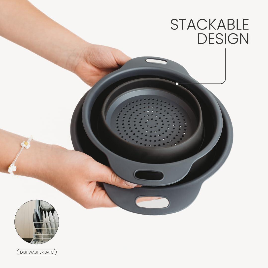 2-Pack Black Collapsible Colander Versatile Strainer for Pasta, Fruits, & Vegetables Eco-Friendly & Durable Sink Strainer & Salad Spinner