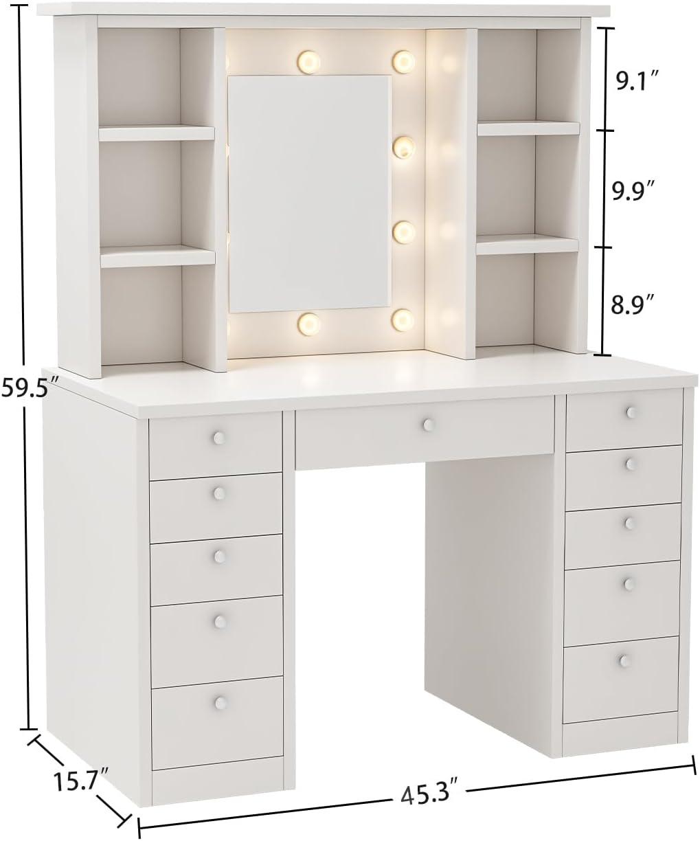 MONTARY Makeup Vanity Desk with Mirror and Lights, Dressing Table , White Vanity Table Set with 6 Drawers & Shelves & 4 Cabinets, 3 LED Lighting Modes Brightness Adjustable